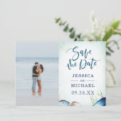Wassercolor Beach Seashell Calligraphy Foto Save The Date (Stehend Vorderseite)