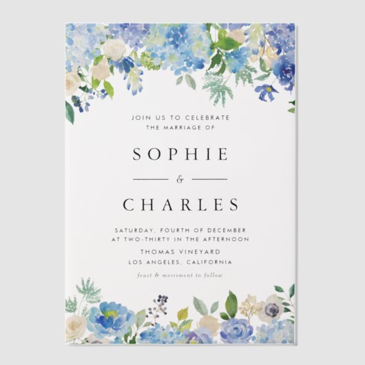 Wassercolor Blue Hydrangea Blumengarland Hochzeit Pergament Einladungen (Vorderseite)
