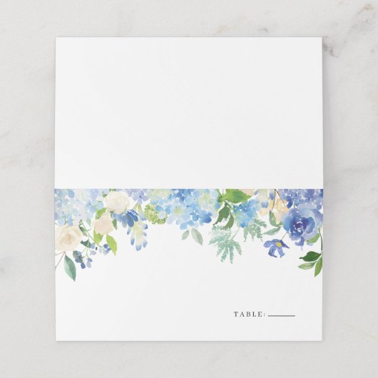 Wassercolor Blue Hydrangea Blumengarland Hochzeit Platzkarte (Außenseite Aufgefaltet)