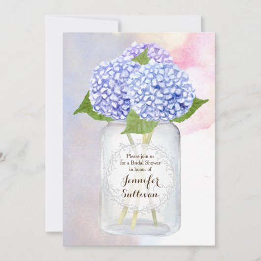 Wassercolor Blue Hydrangea Mason Jar Brautparty Einladung (Vorderseite)