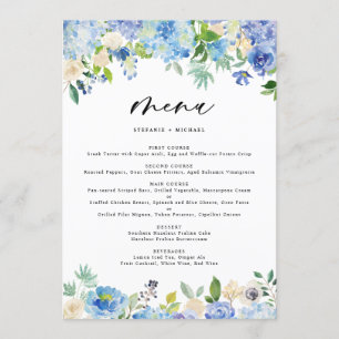 Wassercolor Blue Hydrangea Wedding Menu Menükarte