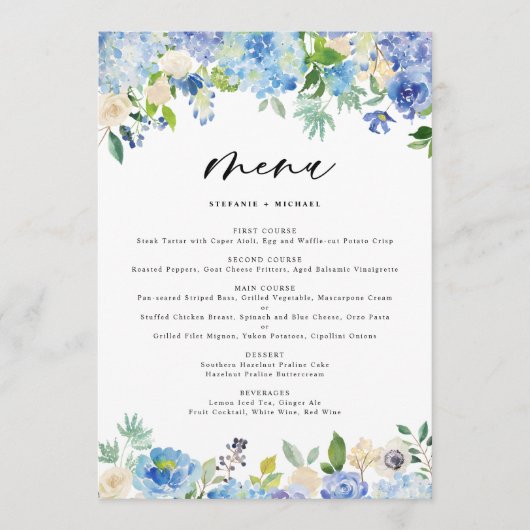 Wassercolor Blue Hydrangea Wedding Menu Menükarte (Vorderseite)