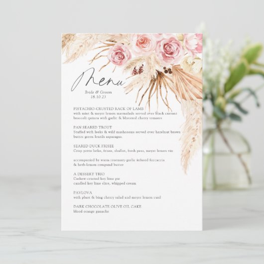 Wassercolor Boho Floral Pampas Gras Wedding Menü Menükarte (Stehend Vorderseite)
