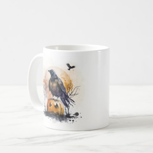 Wassercolor Crow Pumpkin Halloween Kaffeetasse (Vorderseite Links)