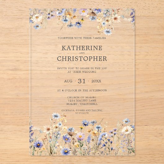 Wassercolor Dusty Blue Wildblume Hochzeitsfeier Acryleinladungen (Vorderseite)