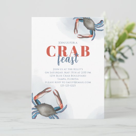 Wassercolor Einfach Blauer Krabbenfest Party Gingh Einladung (Stehend Vorderseite)