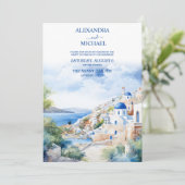 Wassercolor Santorini Griechenland Skyline Wedding Einladung (Stehend Vorderseite)