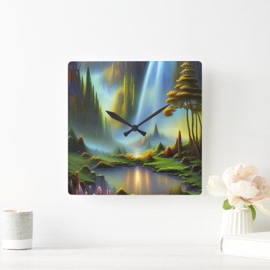 Wasserfall-Bergtal Quadratische Wanduhr (Zuhause)