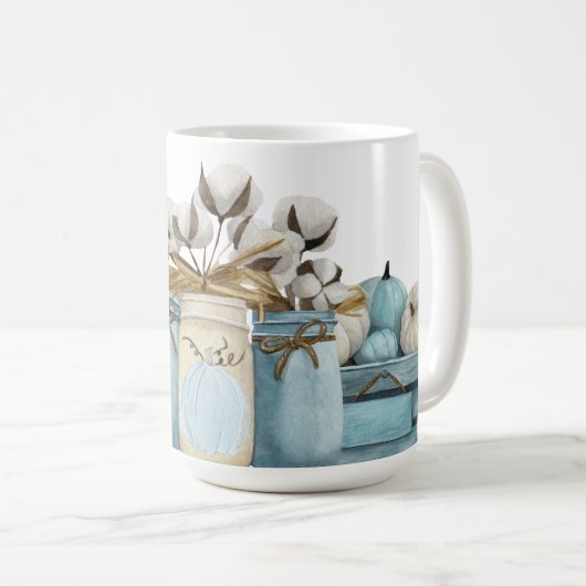 WASSERFALL BLUE & WHITE PUMPKINS CRATES JARS KAFFEETASSE (VorderseiteRechts)