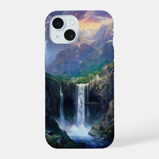 Wasserfall-Fantasiewelt iPhone 15 Hülle (Rückseite)
