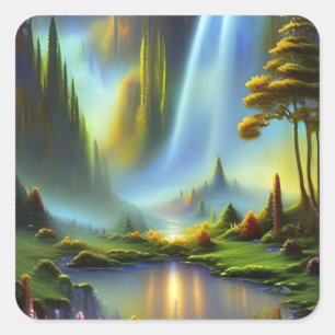Wasserfall Glade Nature Fantasy Quadratischer Aufkleber