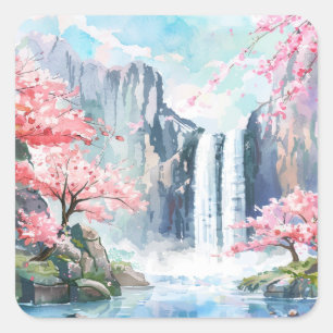 Wasserfall im Frühling Quadratischer Aufkleber