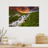 Wasserfall in den Bergen mit Blume Poster (Küche)