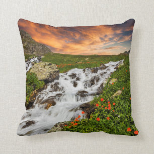 Wasserfall in den Bergen mit Blumen Kissen
