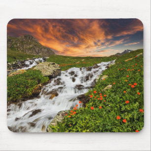 Wasserfall in den Bergen mit Blumen Mousepad
