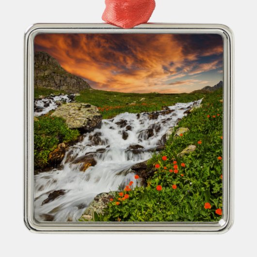 Wasserfall in den Bergen mit Blumen Ornament Aus Metall (Vorne)