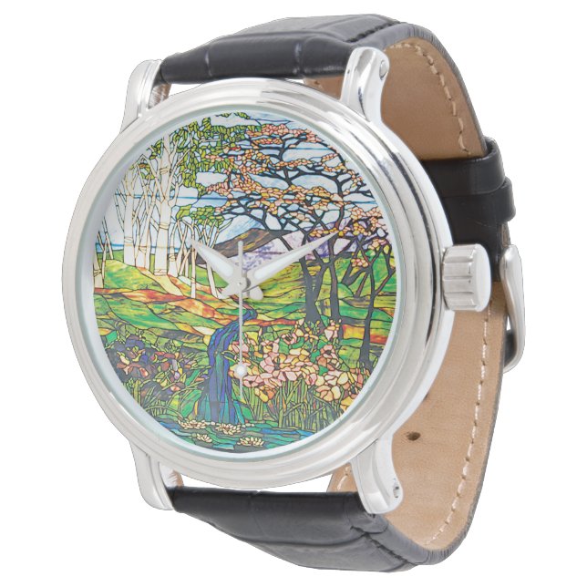 Wasserfall Iris Birch Tiffany Glasfenster Armbanduhr (Schrägansicht)