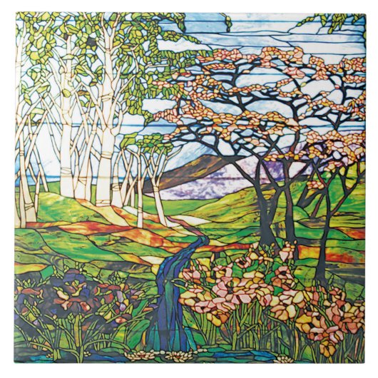 Wasserfall Iris Birke Tiffany Buntglas Vintage Fliese (Vorderseite)