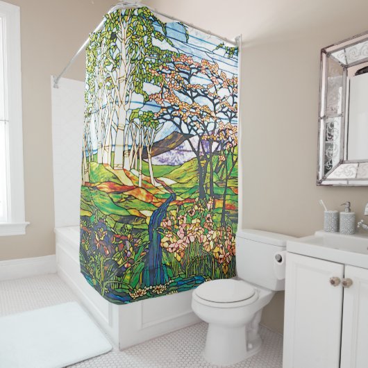 Wasserfall-Iris-Birken-Tiffany-Buntglas-Fenster Duschvorhang (Beispiel)