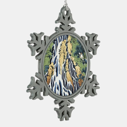 Wasserfall Kirifuri in der Nähe des Kurokami-Gebir Schneeflocken Zinn-Ornament (Links)