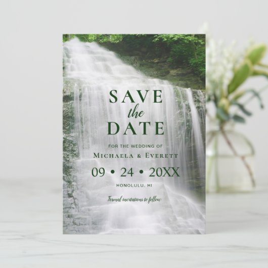 Wasserfall Natur Hochzeit im Freien speichern Sie  Save The Date (Stehend Vorderseite)