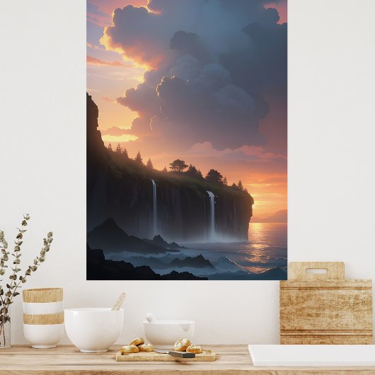 Wasserfall Sonnenuntergang Poster (Küche)