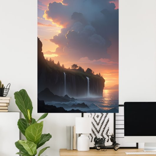Wasserfall Sonnenuntergang Poster (Heimbüro)