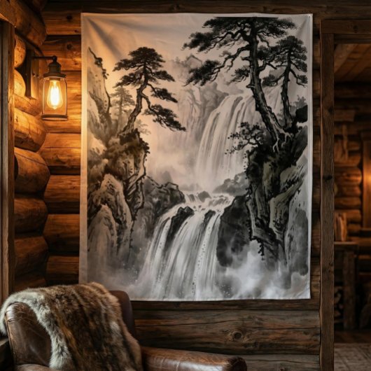 Wasserfall-Teppich | Schwarz-Weiß-Bergkunst Wandteppich