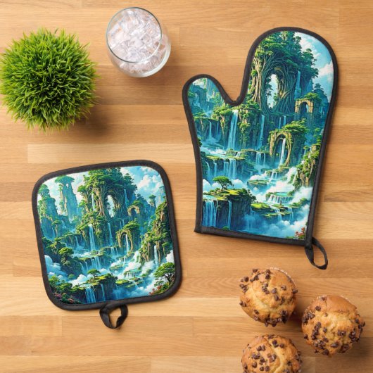 Wasserfall Trek Kingdom Dream Ofenhandschuh & Topflappen-Set (Oben Unten)