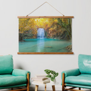 Wasserfall Türkis Wasser Goldener Fall Tag Wandteppich Mit Holzrahmen