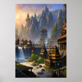 Wasserfall und Berge des Wikingdorf | Art der AI Poster (Vorne)