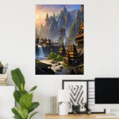 Wasserfall und Berge des Wikingdorf | Art der AI Poster (Heimbüro)