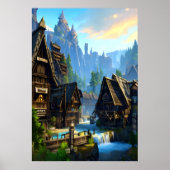Wasserfall und Berge in der Stadt | Art der AI Poster (Vorne)