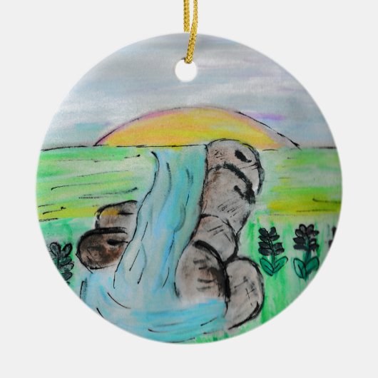 Wasserfall und Lavendel-Blume Keramik Ornament (Vorne)