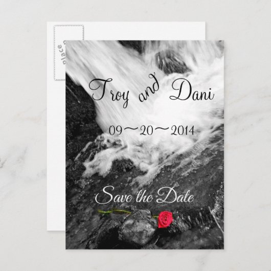 Wasserfall und Rose - Save the Date Ankündigungspostkarte (Vorne/Hinten)