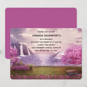 Wasserfälle und Kirschbäume um einen See Geburtsta Einladung