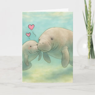 Wasserfarb-Illustration von Mutter- und Baby-Manat Karte