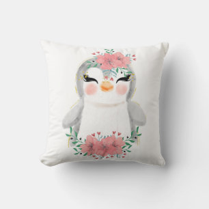 Wasserfarb-Pinguin mit Blumen-Wurfkissen Kissen
