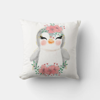 Wasserfarb-Pinguin mit Blumen-Wurfkissen Kissen