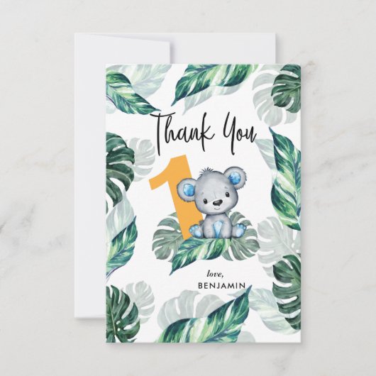 Wasserfarbbär Erster Geburtstag Foto Dankeskarte (Vorderseite)