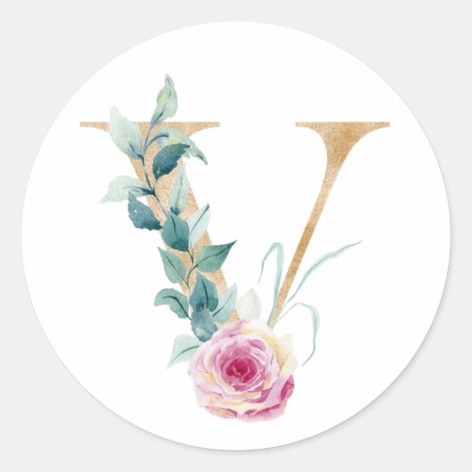 Wasserfarbbuchstabe V mit Rose. Personalisieren du Runder Aufkleber (Vorderseite)