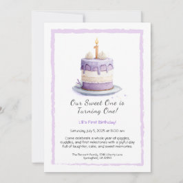 Wasserfarbe 1. Geburtstag Einladung mit Cake lilac