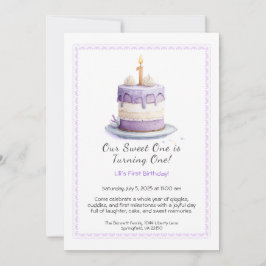 Wasserfarbe 1. Geburtstag Einladung mit Cake lilac
