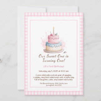 Wasserfarbe 1. Geburtstag Einladung mit Cake pink