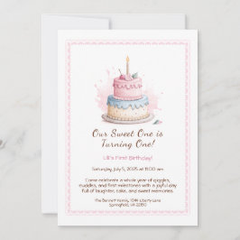 Wasserfarbe 1. Geburtstag Einladung mit Cake pink