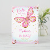 Wasserfarbe 1. Geburtstag Schmetterling Einladung (Stehend Vorderseite)