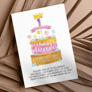 Wasserfarbe 1. Geburtstagskuchen Einladung