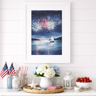 Wasserfarbe 4. Juli Feuerwerk & Sailboats Szene Poster