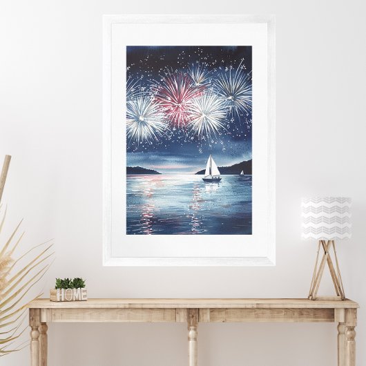 Wasserfarbe 4. Juli Feuerwerk & Sailboats Szene Poster