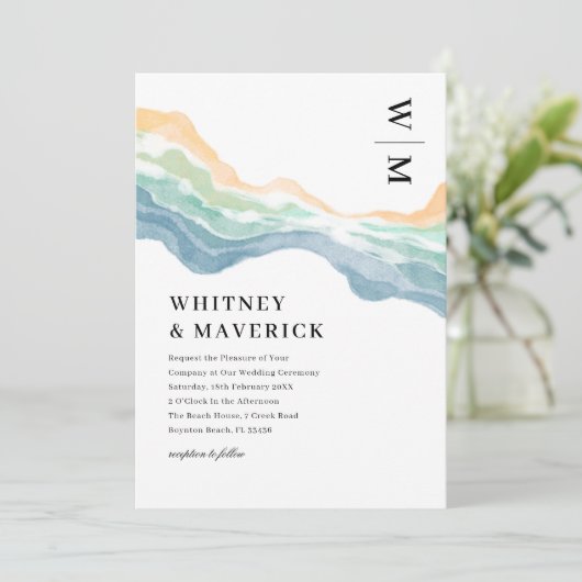 Wasserfarbe Abstrakt Beach Foto Hochzeit Einladung (Stehend Vorderseite)